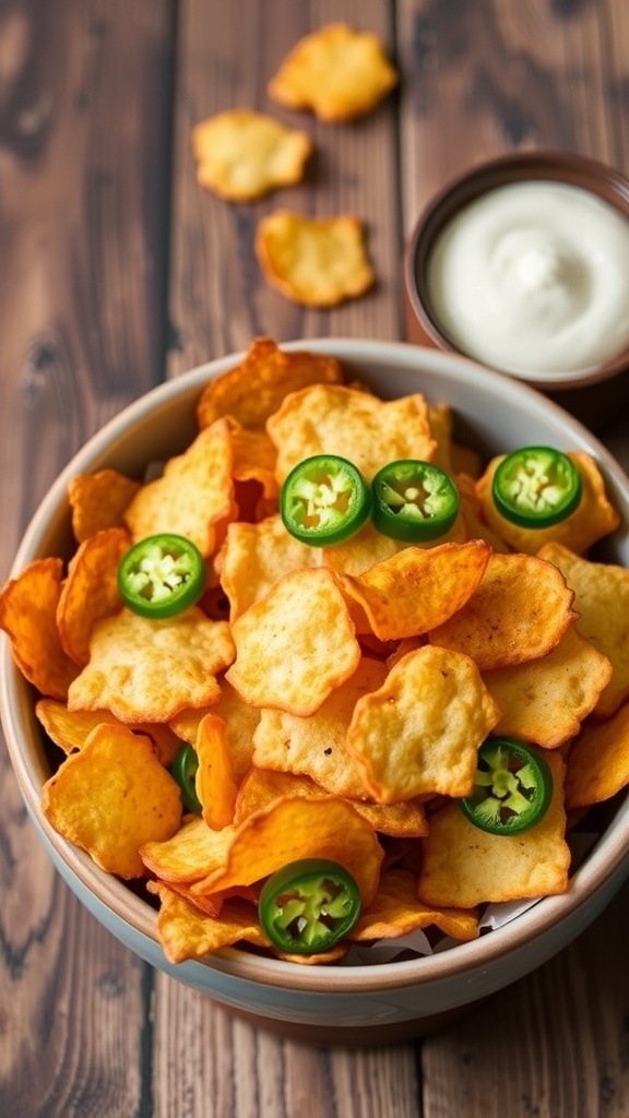 Crispy jalapeño chips in a bowl with fresh jalapeño slices and a dip on a rustic table.